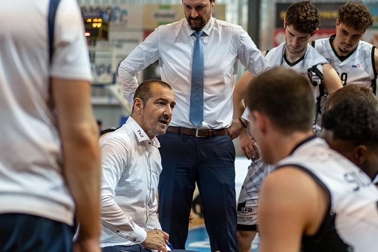 Basketball coach with his team during a game